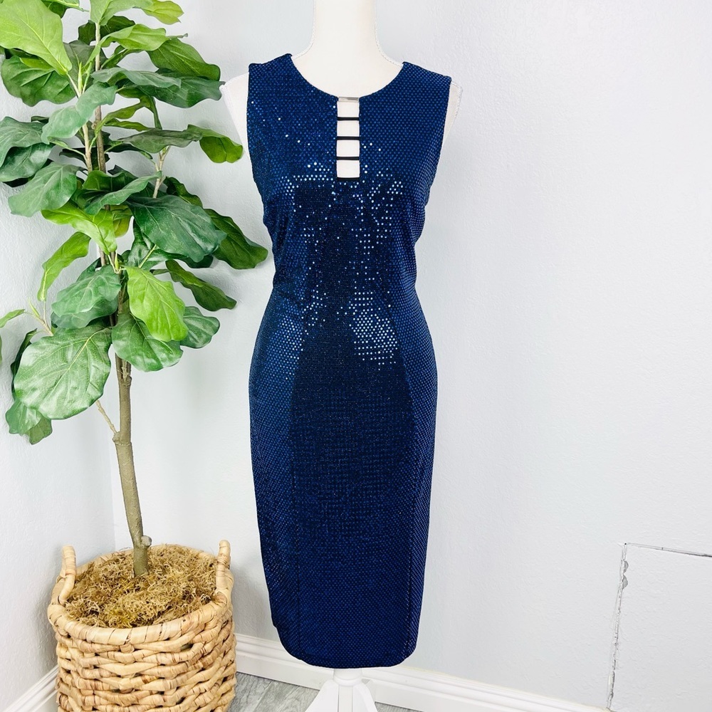 Enfocus Studio Blue Sequins Cocktail Mini Glitter Dress